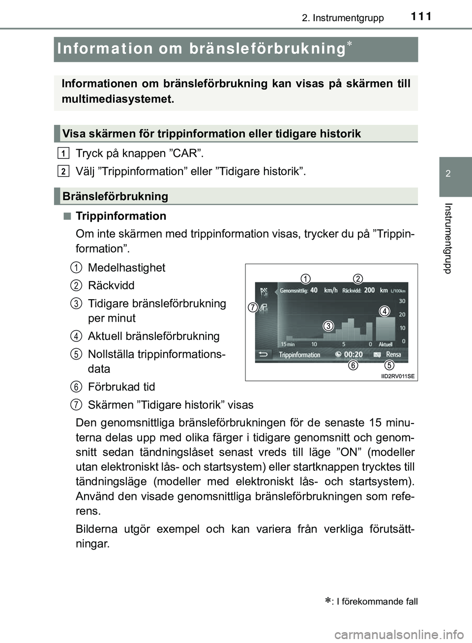 TOYOTA HILUX 2019 Bruksanvisningar (in Swedish) 111
2
2. Instrumentgrupp
Instrumentgrupp
HILUX_OM_OM0K375SE
Information om bränsleförbrukning
Tryck på knappen ”CAR”.
Välj ”Trippinformation” eller ”Tidigare historik”.
nTrippinform TOYOTA HILUX 2019 Bruksanvisningar (in Swedish) 111
2
2. Instrumentgrupp
Instrumentgrupp
HILUX_OM_OM0K375SE
Information om bränsleförbrukning
Tryck på knappen ”CAR”.
Välj ”Trippinformation” eller ”Tidigare historik”.
nTrippinform