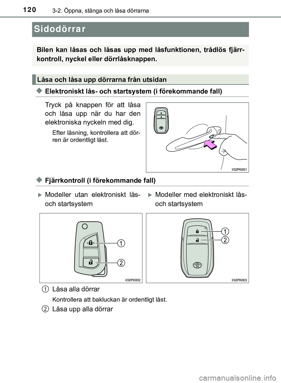 TOYOTA HILUX 2019 Bruksanvisningar (in Swedish) 1203-2. Öppna, stänga och låsa dörrarna
HILUX_OM_OM0K375SE
Sidodörrar
uElektroniskt lås- och startsystem (i förekommande fall)
Tryck på knappen för att låsa
och låsa upp när du har den
ele TOYOTA HILUX 2019 Bruksanvisningar (in Swedish) 1203-2. Öppna, stänga och låsa dörrarna
HILUX_OM_OM0K375SE
Sidodörrar
uElektroniskt lås- och startsystem (i förekommande fall)
Tryck på knappen för att låsa
och låsa upp när du har den
ele