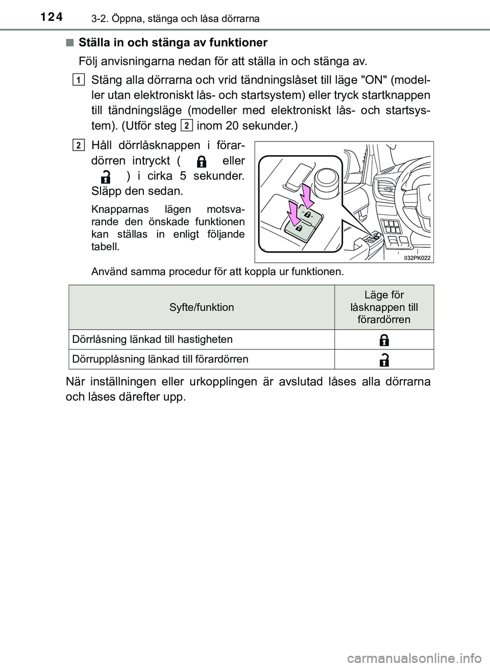 TOYOTA HILUX 2019 Bruksanvisningar (in Swedish) 1243-2. Öppna, stänga och låsa dörrarna
HILUX_OM_OM0K375SEn
Ställa in och stänga av funktioner
Följ anvisningarna nedan för att ställa in och stänga av.
Stäng alla dörrarna och vrid tändn TOYOTA HILUX 2019 Bruksanvisningar (in Swedish) 1243-2. Öppna, stänga och låsa dörrarna
HILUX_OM_OM0K375SEn
Ställa in och stänga av funktioner
Följ anvisningarna nedan för att ställa in och stänga av.
Stäng alla dörrarna och vrid tändn