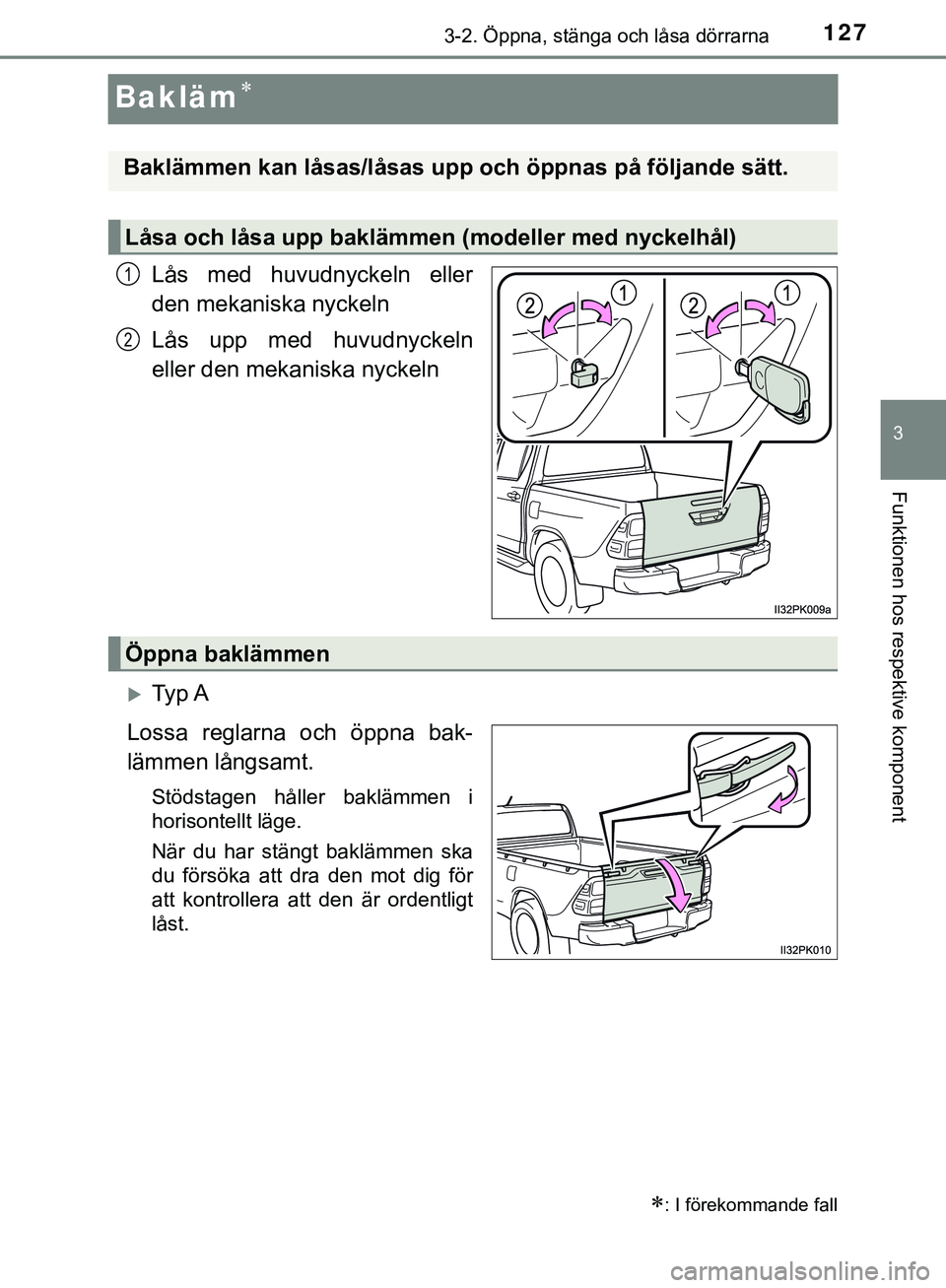 TOYOTA HILUX 2019 Bruksanvisningar (in Swedish) 127
3
3-2. Öppna, stänga och låsa dörrarna
Funktionen hos respektive komponent
HILUX_OM_OM0K375SE
Bakläm
Lås med huvudnyckeln eller
den mekaniska nyckeln
Lås upp med huvudnyckeln
eller den m TOYOTA HILUX 2019 Bruksanvisningar (in Swedish) 127
3
3-2. Öppna, stänga och låsa dörrarna
Funktionen hos respektive komponent
HILUX_OM_OM0K375SE
Bakläm
Lås med huvudnyckeln eller
den mekaniska nyckeln
Lås upp med huvudnyckeln
eller den m