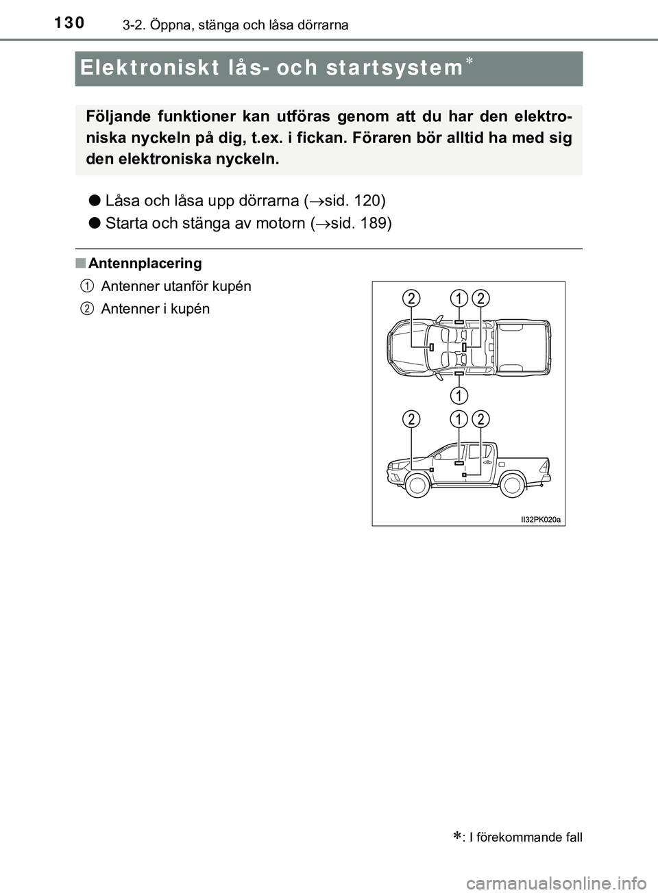 TOYOTA HILUX 2019 Bruksanvisningar (in Swedish) 1303-2. Öppna, stänga och låsa dörrarna
HILUX_OM_OM0K375SE
Elektroniskt lås- och startsystem
lLåsa och låsa upp dörrarna ( sid. 120)
l Starta och stänga av motorn ( sid. 189)
nAntenn TOYOTA HILUX 2019 Bruksanvisningar (in Swedish) 1303-2. Öppna, stänga och låsa dörrarna
HILUX_OM_OM0K375SE
Elektroniskt lås- och startsystem
lLåsa och låsa upp dörrarna ( sid. 120)
l Starta och stänga av motorn ( sid. 189)
nAntenn