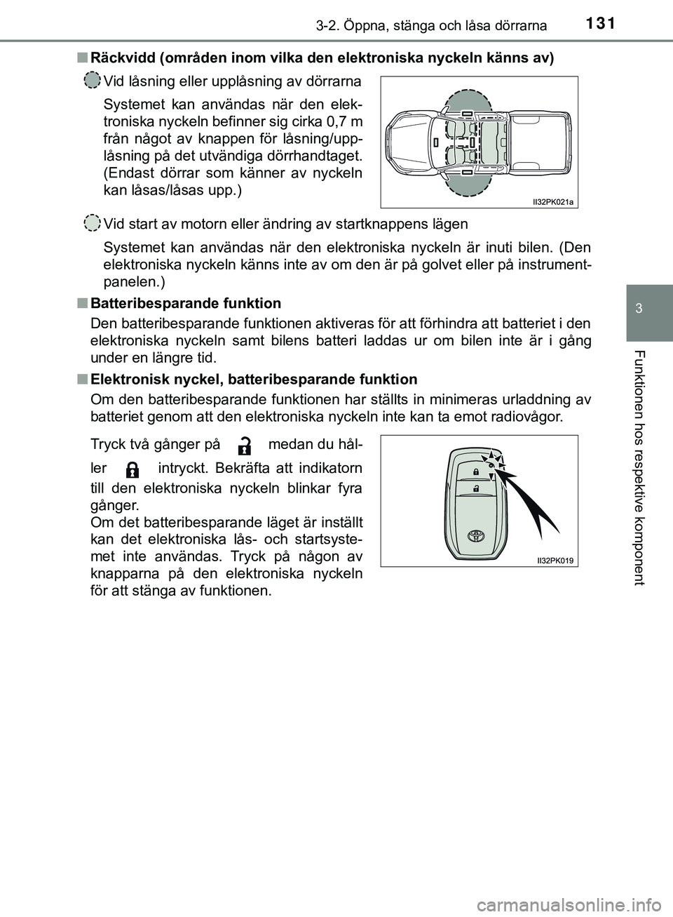 TOYOTA HILUX 2019 Bruksanvisningar (in Swedish) 1313-2. Öppna, stänga och låsa dörrarna
3
Funktionen hos respektive komponent
HILUX_OM_OM0K375SEn
Räckvidd (områden inom vilka den elektroniska nyckeln känns av)
Vid start av motorn eller ändr TOYOTA HILUX 2019 Bruksanvisningar (in Swedish) 1313-2. Öppna, stänga och låsa dörrarna
3
Funktionen hos respektive komponent
HILUX_OM_OM0K375SEn
Räckvidd (områden inom vilka den elektroniska nyckeln känns av)
Vid start av motorn eller ändr