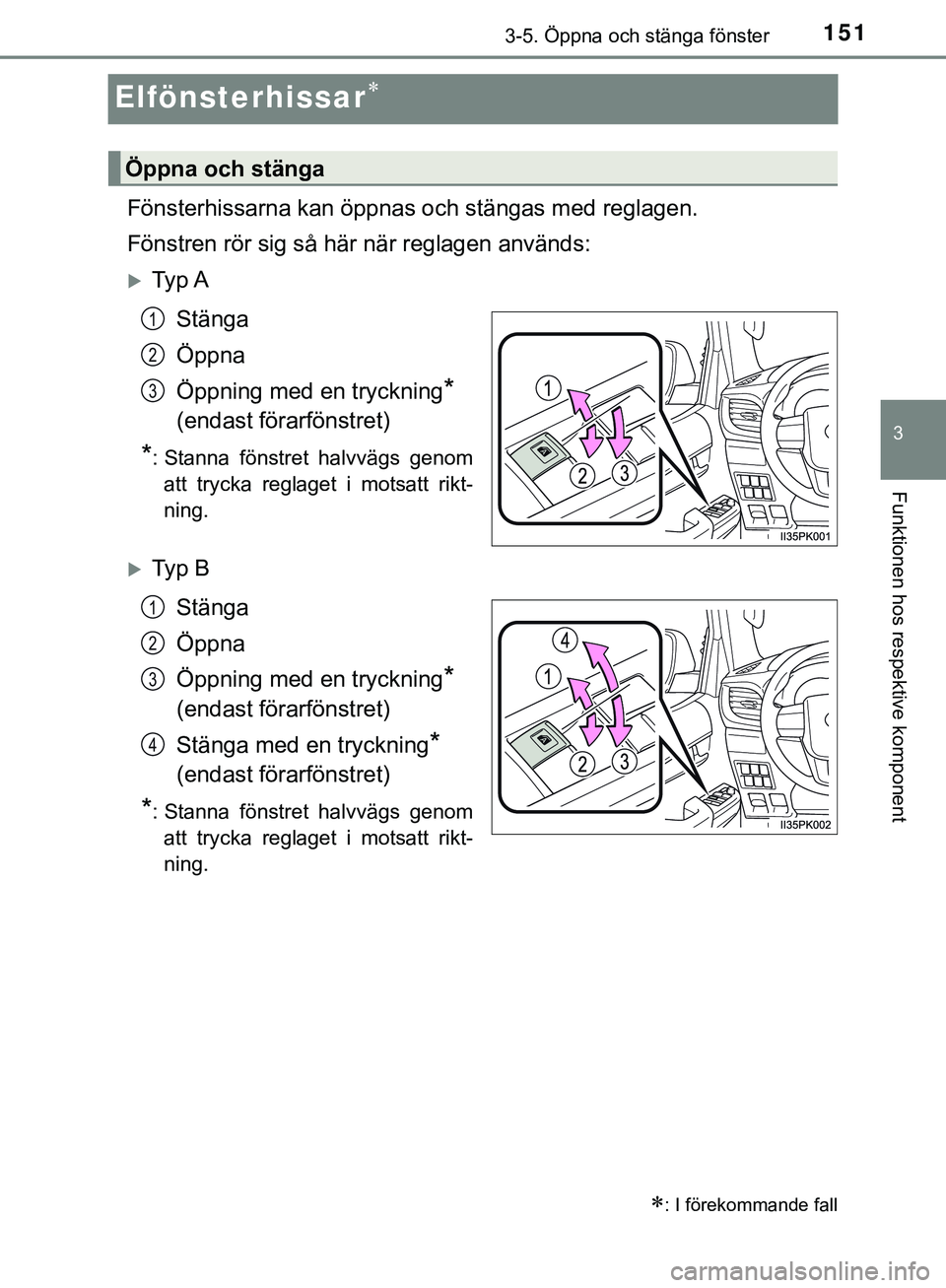 TOYOTA HILUX 2019 Bruksanvisningar (in Swedish) 151
3
3-5. Öppna och stänga fönster
Funktionen hos respektive komponent
HILUX_OM_OM0K375SE
Elfönsterhissar
Fönsterhissarna kan öppnas och stängas med reglagen.
Fönstren rör sig så här n TOYOTA HILUX 2019 Bruksanvisningar (in Swedish) 151
3
3-5. Öppna och stänga fönster
Funktionen hos respektive komponent
HILUX_OM_OM0K375SE
Elfönsterhissar
Fönsterhissarna kan öppnas och stängas med reglagen.
Fönstren rör sig så här n