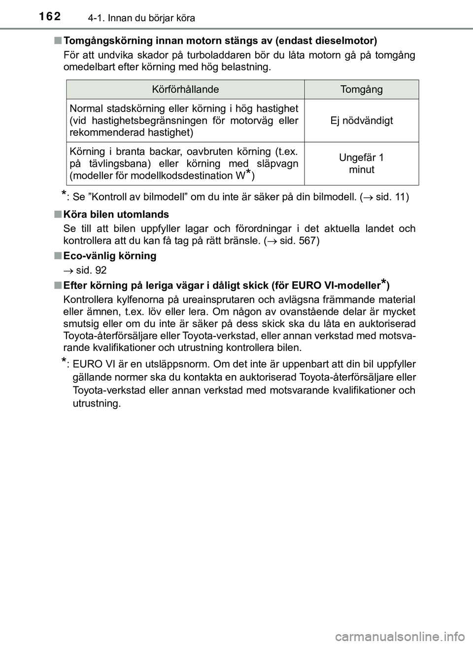 TOYOTA HILUX 2019 Bruksanvisningar (in Swedish) 1624-1. Innan du börjar köra
HILUX_OM_OM0K375SEn
Tomgångskörning innan motorn stängs av (endast dieselmotor)
För att undvika skador på turboladdaren bör du låta motorn gå på tomgång
omedel TOYOTA HILUX 2019 Bruksanvisningar (in Swedish) 1624-1. Innan du börjar köra
HILUX_OM_OM0K375SEn
Tomgångskörning innan motorn stängs av (endast dieselmotor)
För att undvika skador på turboladdaren bör du låta motorn gå på tomgång
omedel