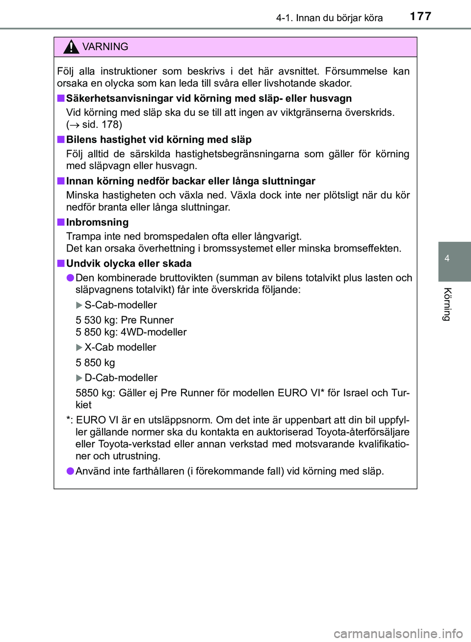 TOYOTA HILUX 2019 Bruksanvisningar (in Swedish) 1774-1. Innan du börjar köra
4
Körning
HILUX_OM_OM0K375SE
VARNING
Följ alla instruktioner som beskrivs i det här avsnittet. Försu\
mmelse kan
orsaka en olycka som kan leda till svåra eller livs TOYOTA HILUX 2019 Bruksanvisningar (in Swedish) 1774-1. Innan du börjar köra
4
Körning
HILUX_OM_OM0K375SE
VARNING
Följ alla instruktioner som beskrivs i det här avsnittet. Försu\
mmelse kan
orsaka en olycka som kan leda till svåra eller livs