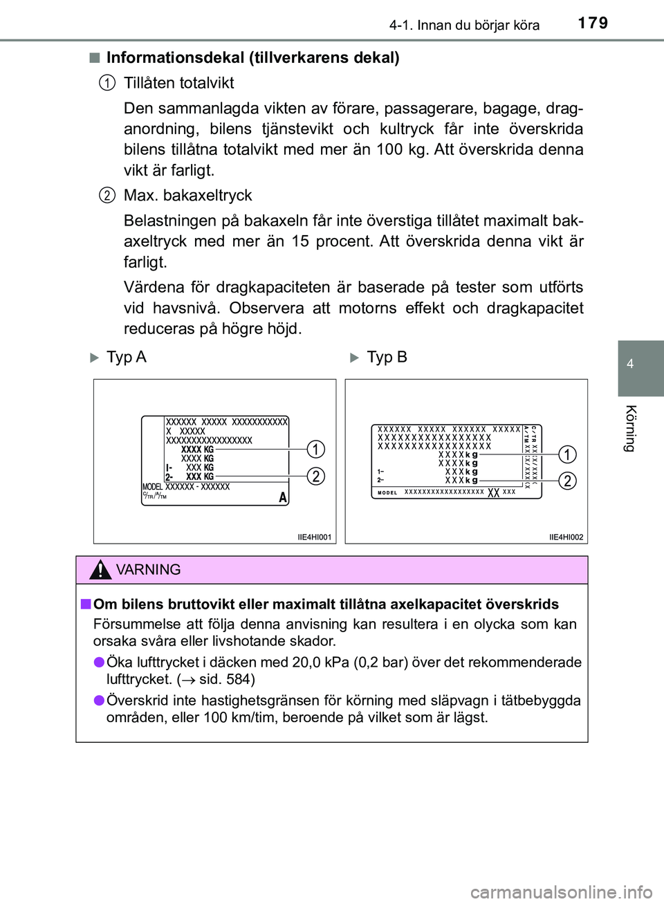 TOYOTA HILUX 2019 Bruksanvisningar (in Swedish) 1794-1. Innan du börjar köra
4
Körning
HILUX_OM_OM0K375SEn
Informationsdekal (tillverkarens dekal)
Tillåten totalvikt
Den sammanlagda vikten av förare, passagerare, bagage, drag-
anordning, bilen TOYOTA HILUX 2019 Bruksanvisningar (in Swedish) 1794-1. Innan du börjar köra
4
Körning
HILUX_OM_OM0K375SEn
Informationsdekal (tillverkarens dekal)
Tillåten totalvikt
Den sammanlagda vikten av förare, passagerare, bagage, drag-
anordning, bilen