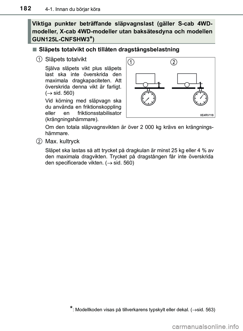 TOYOTA HILUX 2019 Bruksanvisningar (in Swedish) 1824-1. Innan du börjar köra
HILUX_OM_OM0K375SEn
Släpets totalvikt och tillå
ten dragstångsbelastning
Släpets totalvikt
Själva släpets vikt plus släpets
last ska inte överskrida den
maximala TOYOTA HILUX 2019 Bruksanvisningar (in Swedish) 1824-1. Innan du börjar köra
HILUX_OM_OM0K375SEn
Släpets totalvikt och tillå
ten dragstångsbelastning
Släpets totalvikt
Själva släpets vikt plus släpets
last ska inte överskrida den
maximala