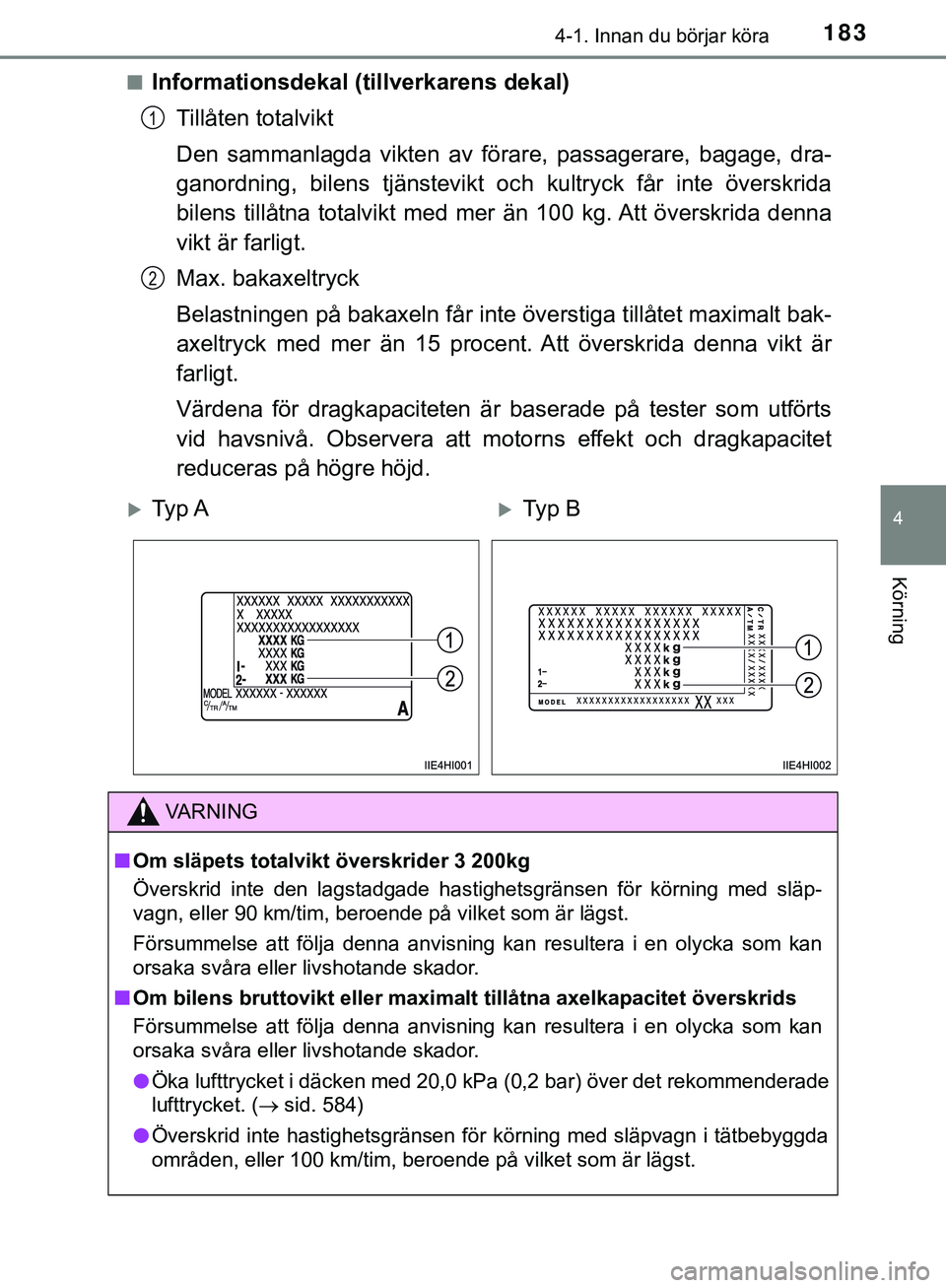 TOYOTA HILUX 2019 Bruksanvisningar (in Swedish) 1834-1. Innan du börjar köra
4
Körning
HILUX_OM_OM0K375SEn
Informationsdekal (tillverkarens dekal)
Tillåten totalvikt
Den sammanlagda vikten av förare, passagerare, bagage, dra-
ganordning, bilen TOYOTA HILUX 2019 Bruksanvisningar (in Swedish) 1834-1. Innan du börjar köra
4
Körning
HILUX_OM_OM0K375SEn
Informationsdekal (tillverkarens dekal)
Tillåten totalvikt
Den sammanlagda vikten av förare, passagerare, bagage, dra-
ganordning, bilen
