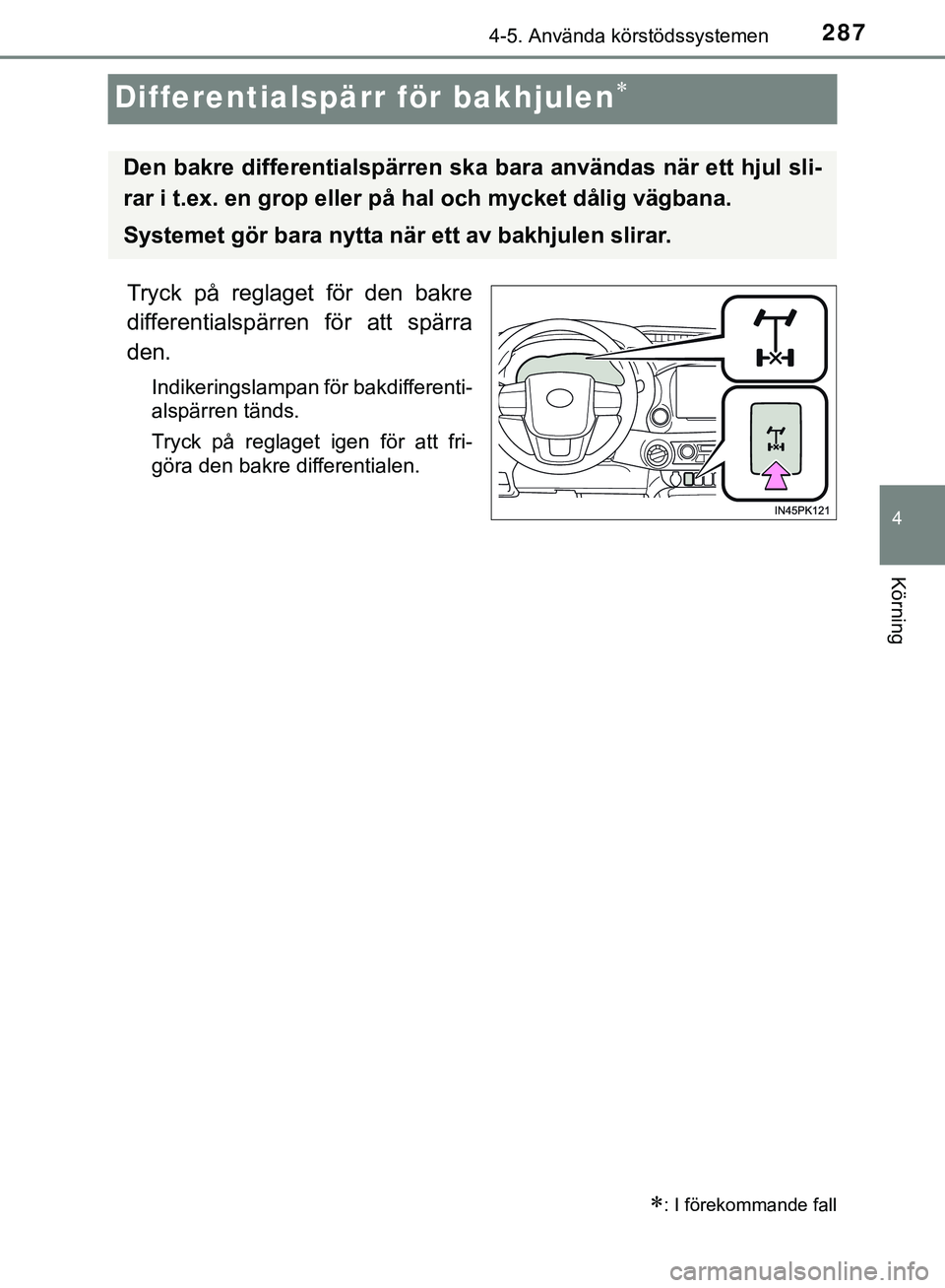 TOYOTA HILUX 2019 Bruksanvisningar (in Swedish) 287
4
4-5. Använda körstödssystemen
Körning
HILUX_OM_OM0K375SE
Differentialspärr för bakhjulen
Tryck på reglaget för den bakre
differentialspärren för att spärra
den.
Indikeringslampan f TOYOTA HILUX 2019 Bruksanvisningar (in Swedish) 287
4
4-5. Använda körstödssystemen
Körning
HILUX_OM_OM0K375SE
Differentialspärr för bakhjulen
Tryck på reglaget för den bakre
differentialspärren för att spärra
den.
Indikeringslampan f
