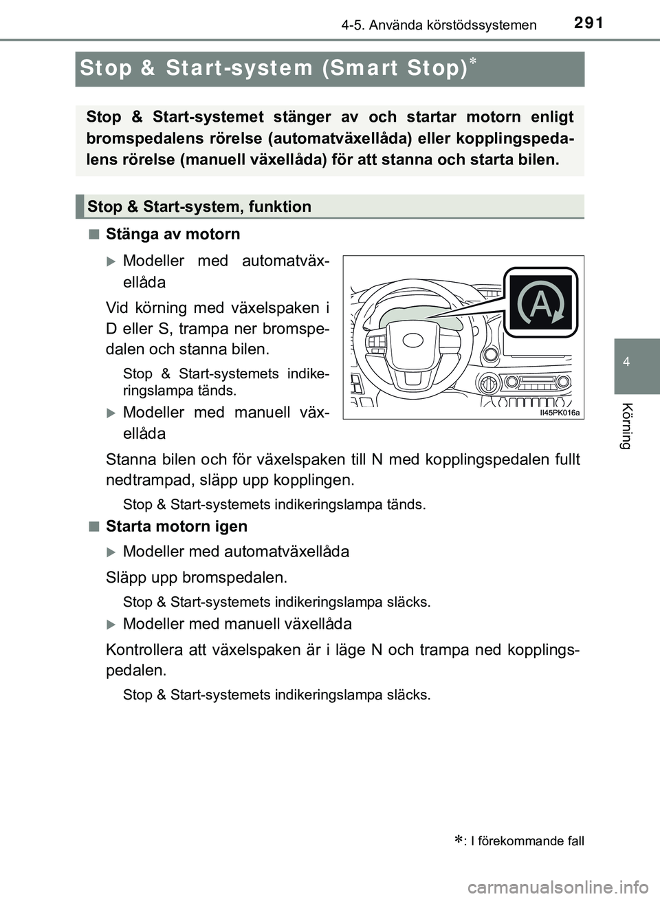 TOYOTA HILUX 2019 Bruksanvisningar (in Swedish) 291
4
4-5. Använda körstödssystemen
Körning
HILUX_OM_OM0K375SE
Stop & Start-system (Smart Stop)
nStänga av motorn
Modeller med automatväx-
ellåda
Vid körning med växelspaken i
D eller S TOYOTA HILUX 2019 Bruksanvisningar (in Swedish) 291
4
4-5. Använda körstödssystemen
Körning
HILUX_OM_OM0K375SE
Stop & Start-system (Smart Stop)
nStänga av motorn
Modeller med automatväx-
ellåda
Vid körning med växelspaken i
D eller S
