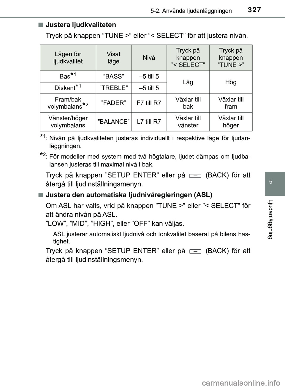 TOYOTA HILUX 2019  Bruksanvisningar (in Swedish) 3275-2. Använda ljudanläggningen
5
Ljudanläggning
HILUX_OM_OM0K375SEn
Justera ljudkvaliteten
Tryck på knappen ”TUNE >” eller ”<
 SELECT” för att justera nivån.
*1: Nivån på ljudkvalite
