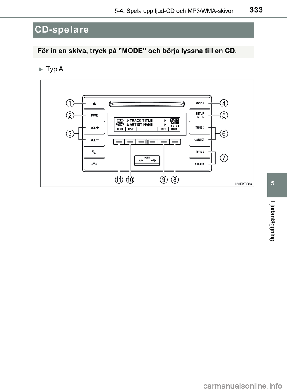 TOYOTA HILUX 2019 Bruksanvisningar (in Swedish) 333
5
5-4. Spela upp ljud-CD och MP3/WMA-skivor
Ljudanläggning
HILUX_OM_OM0K375SE
CD-spelare
Ty p A
För in en skiva, tryck på ”MODE” och börja lyssna till en CD.
HILUX_OM_OM0K375SE.book P TOYOTA HILUX 2019 Bruksanvisningar (in Swedish) 333
5
5-4. Spela upp ljud-CD och MP3/WMA-skivor
Ljudanläggning
HILUX_OM_OM0K375SE
CD-spelare
Ty p A
För in en skiva, tryck på ”MODE” och börja lyssna till en CD.
HILUX_OM_OM0K375SE.book P