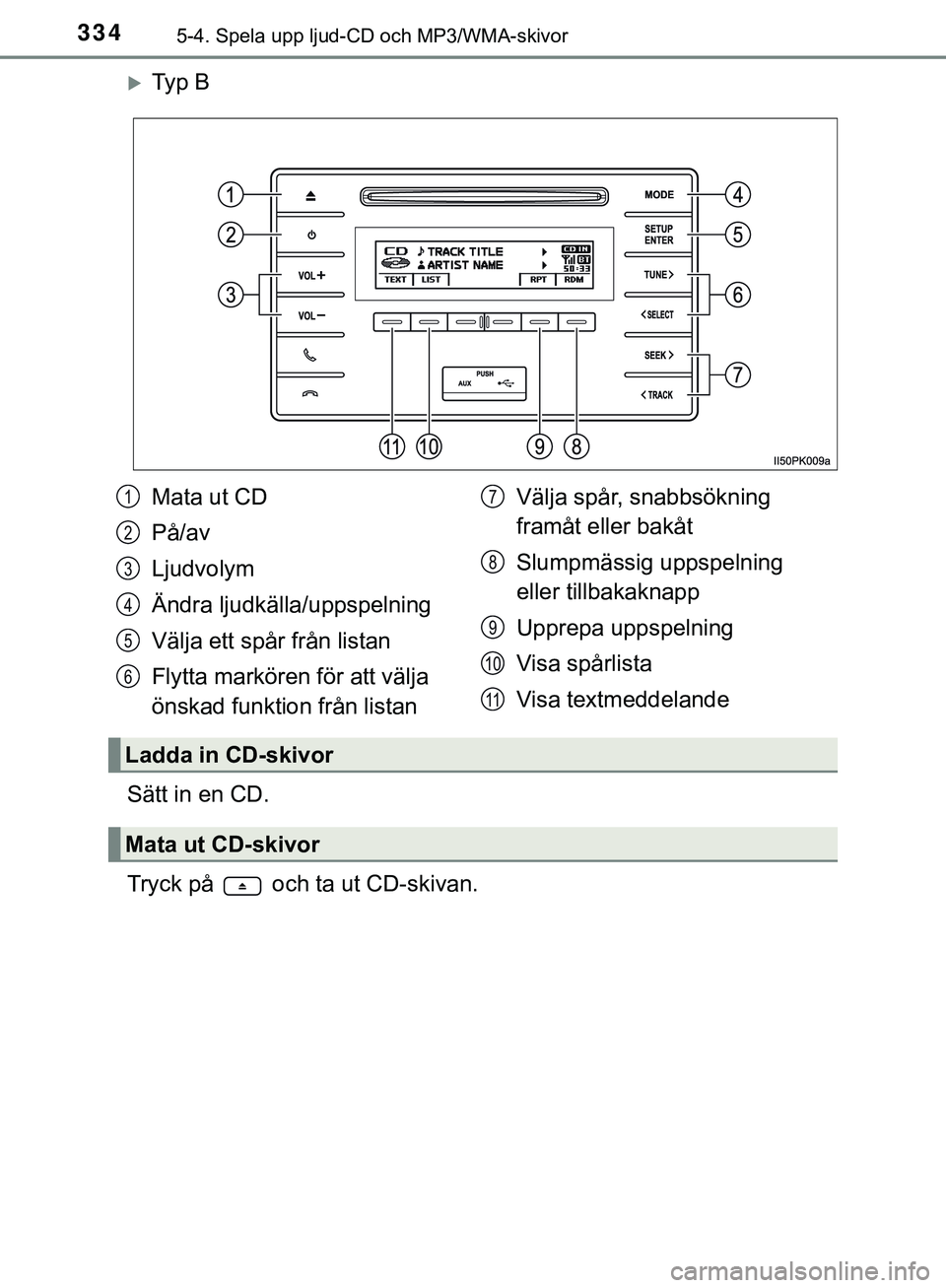 TOYOTA HILUX 2019 Bruksanvisningar (in Swedish) 3345-4. Spela upp ljud-CD och MP3/WMA-skivor
HILUX_OM_OM0K375SE
Ty p B
Sätt in en CD.
Tryck på och ta ut CD-skivan.
Mata ut CD
På/av
Ljudvolym
Ändra ljudkälla/uppspelning
Välja ett spår f TOYOTA HILUX 2019 Bruksanvisningar (in Swedish) 3345-4. Spela upp ljud-CD och MP3/WMA-skivor
HILUX_OM_OM0K375SE
Ty p B
Sätt in en CD.
Tryck på och ta ut CD-skivan.
Mata ut CD
På/av
Ljudvolym
Ändra ljudkälla/uppspelning
Välja ett spår f