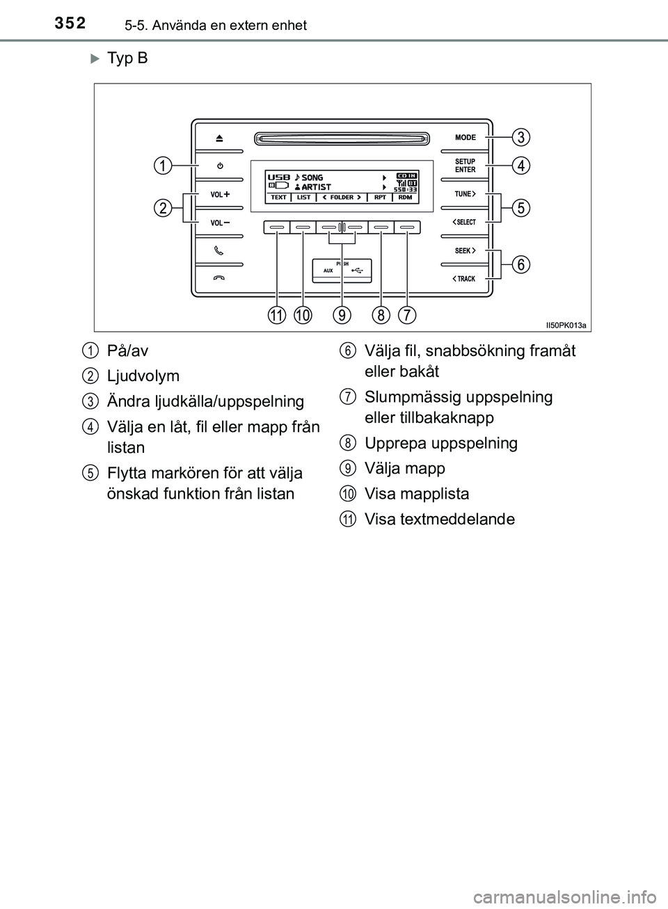 TOYOTA HILUX 2019  Bruksanvisningar (in Swedish) 3525-5. Använda en extern enhet
HILUX_OM_OM0K375SE
Ty p  B
På/av
Ljudvolym
Ändra ljudkälla/uppspelning
Välja en låt, fil eller mapp från 
listan
Flytta markören för att välja 
önskad fun
