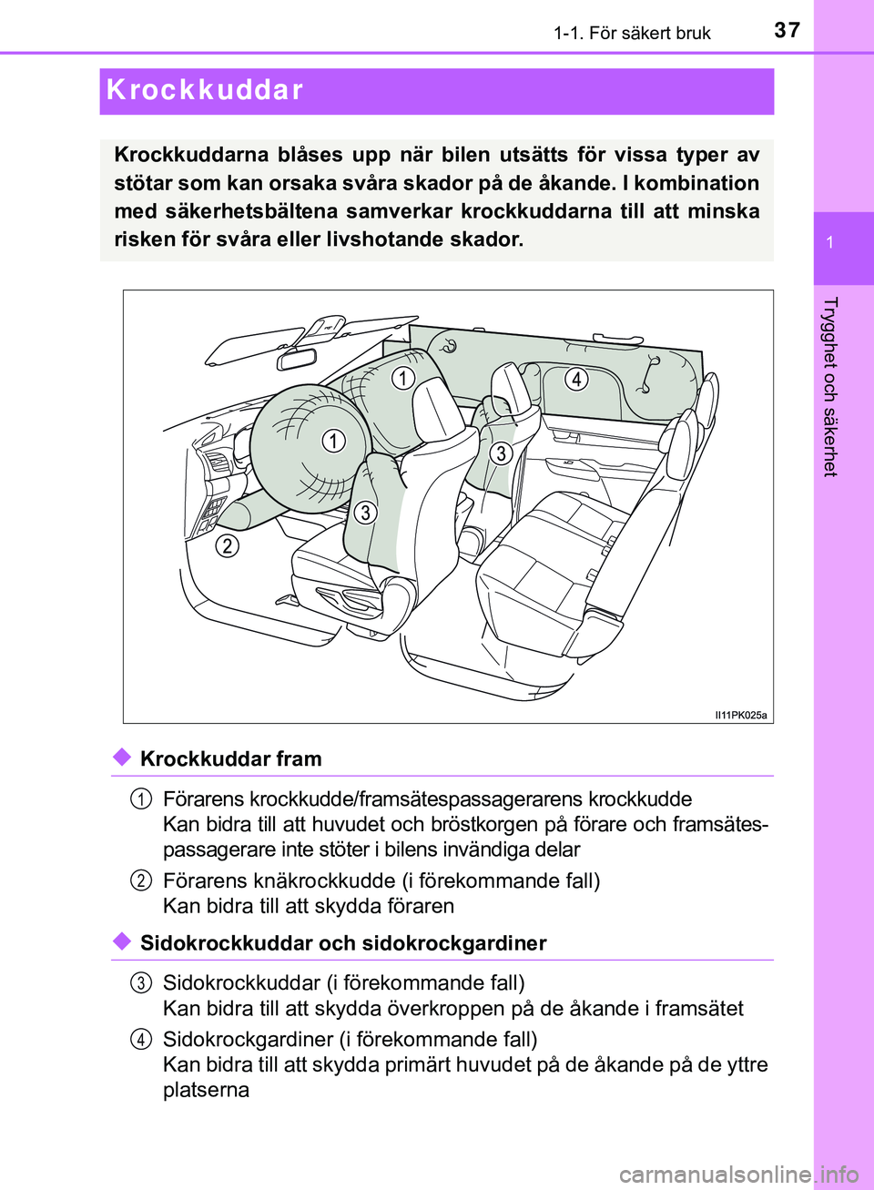 TOYOTA HILUX 2019 Bruksanvisningar (in Swedish) 371-1. För säkert bruk
1
Trygghet och säkerhet
HILUX_OM_OM0K375SE
Krockkuddar
uKrockkuddar framFörarens krockkudde/framsätespassagerarens krockkudde
Kan bidra till att huvudet och bröstkorgen p TOYOTA HILUX 2019 Bruksanvisningar (in Swedish) 371-1. För säkert bruk
1
Trygghet och säkerhet
HILUX_OM_OM0K375SE
Krockkuddar
uKrockkuddar framFörarens krockkudde/framsätespassagerarens krockkudde
Kan bidra till att huvudet och bröstkorgen p