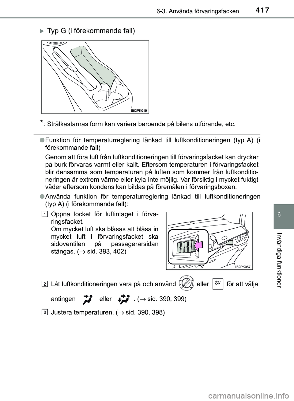 TOYOTA HILUX 2019 Bruksanvisningar (in Swedish) 4176-3. Använda förvaringsfacken
HILUX_OM_OM0K375SE
6
Invändiga funktioner
*: Strålkastarnas form kan variera beroende på bilens utförande, etc.
lFunktion för temperaturreglering länkad till l TOYOTA HILUX 2019 Bruksanvisningar (in Swedish) 4176-3. Använda förvaringsfacken
HILUX_OM_OM0K375SE
6
Invändiga funktioner
*: Strålkastarnas form kan variera beroende på bilens utförande, etc.
lFunktion för temperaturreglering länkad till l