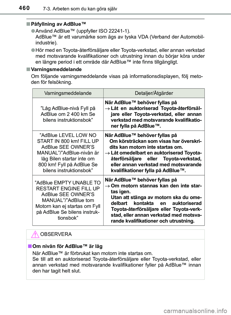 TOYOTA HILUX 2019  Bruksanvisningar (in Swedish) 4607-3. Arbeten som du kan göra själv
HILUX_OM_OM0K375SE
nPåfyllning av AdBlue™
lAnvänd AdBlue™ (uppfyller ISO 22241-1).
AdBlue™ är ett varumärke som ägs av tyska VDA (Verband der Automob