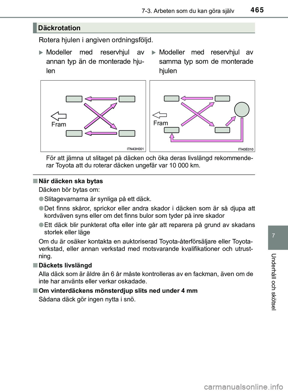 TOYOTA HILUX 2019 Bruksanvisningar (in Swedish) 4657-3. Arbeten som du kan göra själv
HILUX_OM_OM0K375SE
7
Underhåll och skötsel
Rotera hjulen i angiven ordningsföljd.
För att jämna ut slitaget på däcken och öka deras livslängd rekommend TOYOTA HILUX 2019 Bruksanvisningar (in Swedish) 4657-3. Arbeten som du kan göra själv
HILUX_OM_OM0K375SE
7
Underhåll och skötsel
Rotera hjulen i angiven ordningsföljd.
För att jämna ut slitaget på däcken och öka deras livslängd rekommend
