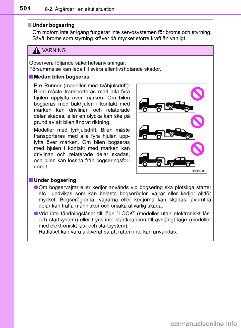 TOYOTA HILUX 2019 Bruksanvisningar (in Swedish) 5048-2. Åtgärder i en akut situation
HILUX_OM_OM0K375SE
nUnder bogsering
Om motorn inte är igång fungerar inte servosystemen för broms och styrning.
Såväl broms som styrning kräver då mycket TOYOTA HILUX 2019 Bruksanvisningar (in Swedish) 5048-2. Åtgärder i en akut situation
HILUX_OM_OM0K375SE
nUnder bogsering
Om motorn inte är igång fungerar inte servosystemen för broms och styrning.
Såväl broms som styrning kräver då mycket