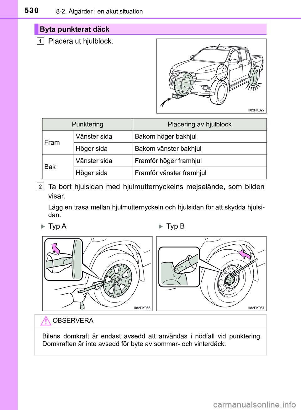 TOYOTA HILUX 2019 Bruksanvisningar (in Swedish) 5308-2. Åtgärder i en akut situation
HILUX_OM_OM0K375SE
Placera ut hjulblock.
Ta bort hjulsidan med hjulmutternyckelns mejselände, som bilden
visar.
Lägg en trasa mellan hjulmutternyckeln och hjul TOYOTA HILUX 2019 Bruksanvisningar (in Swedish) 5308-2. Åtgärder i en akut situation
HILUX_OM_OM0K375SE
Placera ut hjulblock.
Ta bort hjulsidan med hjulmutternyckelns mejselände, som bilden
visar.
Lägg en trasa mellan hjulmutternyckeln och hjul