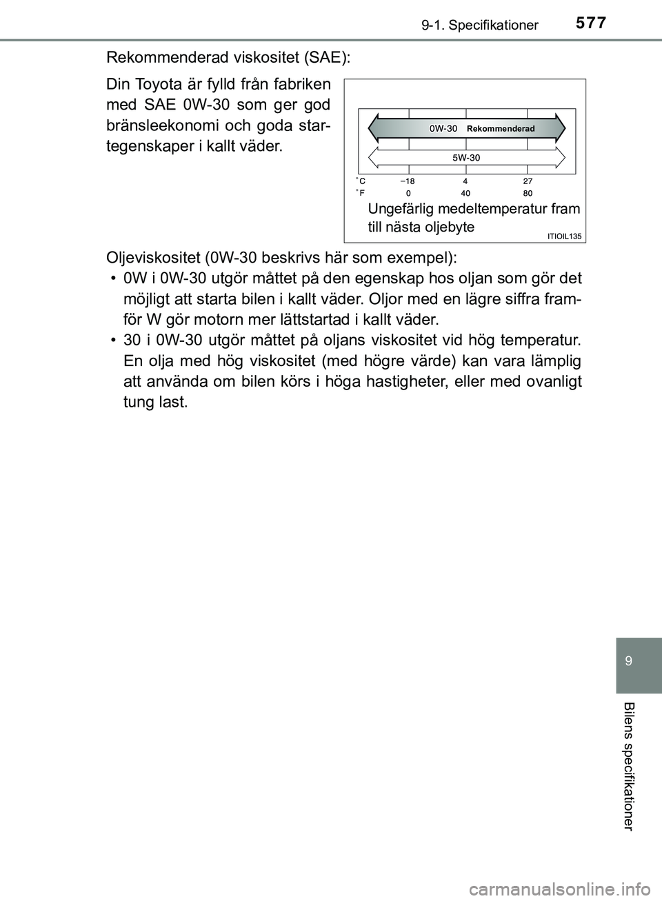 TOYOTA HILUX 2019  Bruksanvisningar (in Swedish) 577
9
9-1. Specifikationer
Bilens specifikationer
HILUX_OM_OM0K375SE
Rekommenderad viskositet (SAE):
Din Toyota är fylld från fabriken
med SAE 0W-30 som ger god
bränsleekonomi och goda star-
tegens