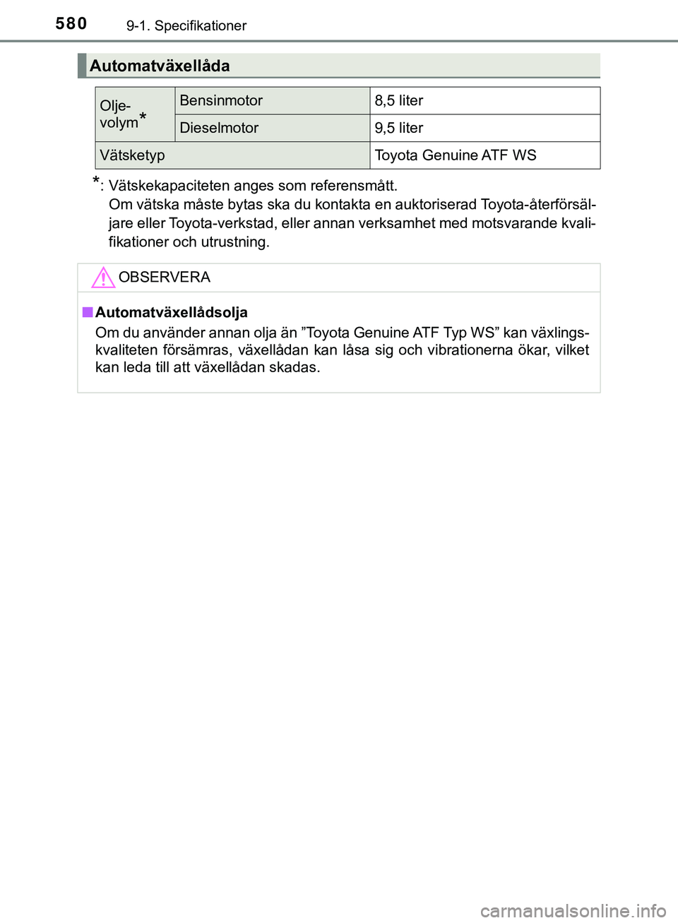 TOYOTA HILUX 2019  Bruksanvisningar (in Swedish) 5809-1. Specifikationer
HILUX_OM_OM0K375SE
*: Vätskekapaciteten anges som referensmått.Om vätska måste bytas ska du kontakta en auktoriserad Toyota-återförsäl-
jare eller Toyota-verkstad, eller