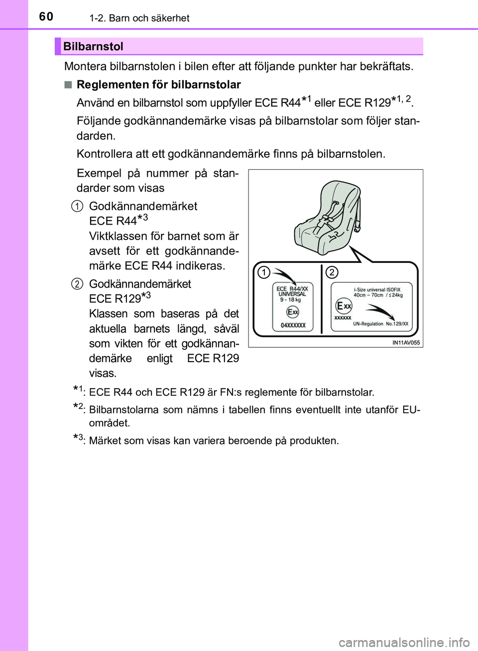 TOYOTA HILUX 2019 Bruksanvisningar (in Swedish) 601-2. Barn och säkerhet
HILUX_OM_OM0K375SE
Montera bilbarnstolen i bilen efter att följande punkter har bekräftats.
nReglementen för bilbarnstolar
Använd en bilbarnstol som uppfyller ECE R44
*1 TOYOTA HILUX 2019 Bruksanvisningar (in Swedish) 601-2. Barn och säkerhet
HILUX_OM_OM0K375SE
Montera bilbarnstolen i bilen efter att följande punkter har bekräftats.
nReglementen för bilbarnstolar
Använd en bilbarnstol som uppfyller ECE R44
*1