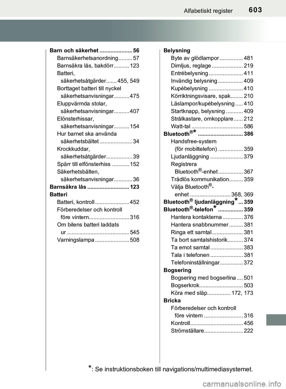 TOYOTA HILUX 2019  Bruksanvisningar (in Swedish) 603Alfabetiskt register
HILUX_OM_OM0K375SE
Barn och säkerhet ..................... 56Barnsäkerhetsanordning ......... 57
Barnsäkra lås, bakdörr .......... 123
Batteri, säkerhetsåtgärder.......