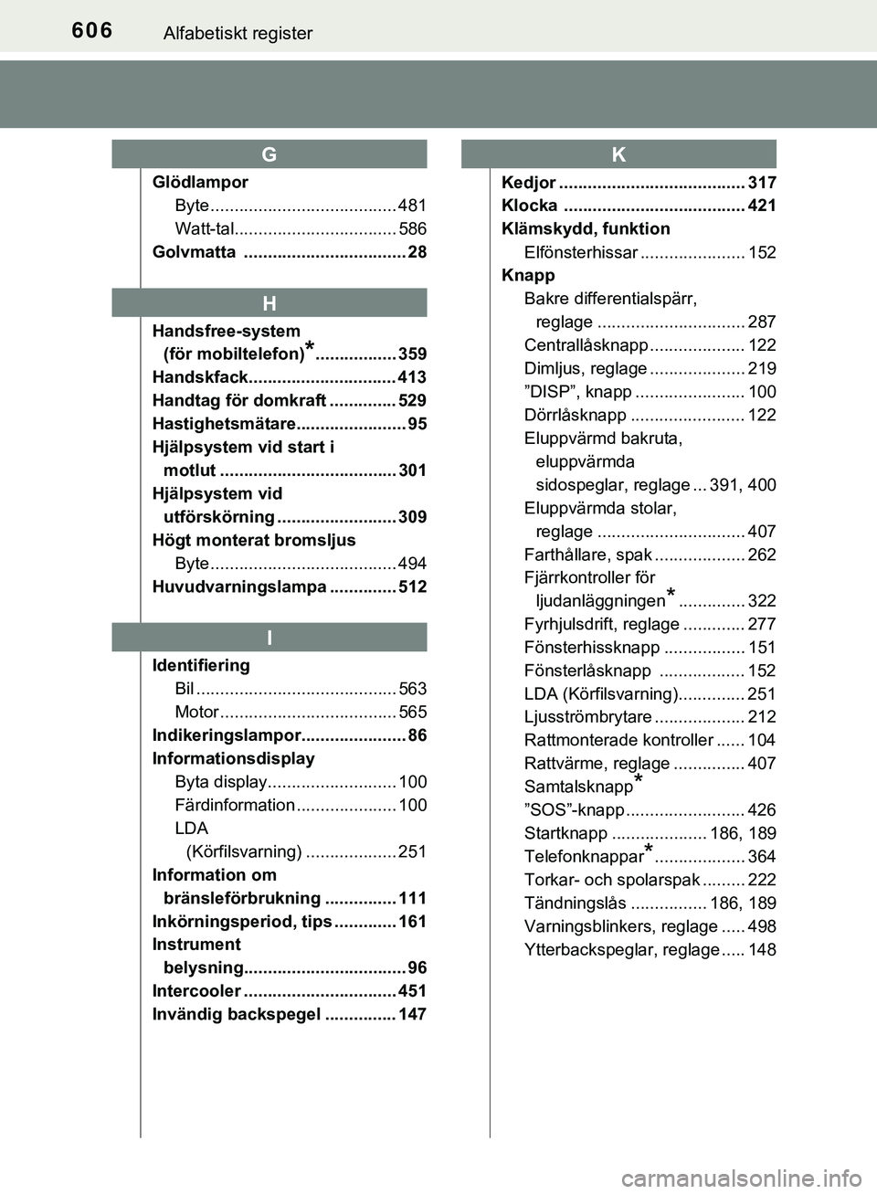 TOYOTA HILUX 2019  Bruksanvisningar (in Swedish) 606Alfabetiskt register
HILUX_OM_OM0K375SE
GlödlamporByte ....................................... 481
Watt-tal.................................. 586
Golvmatta .................................. 28
Ha