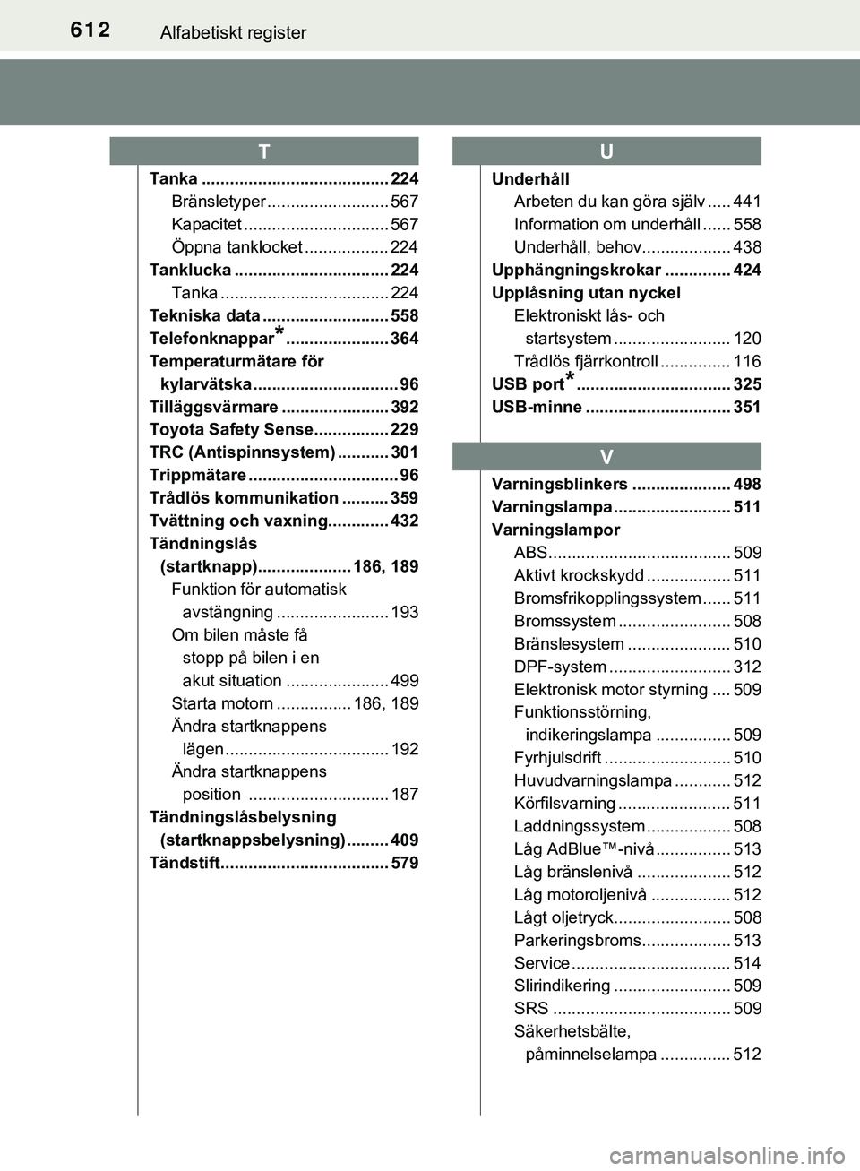 TOYOTA HILUX 2019 Bruksanvisningar (in Swedish) 612Alfabetiskt register
HILUX_OM_OM0K375SE
Tanka ........................................ 224Bränsletyper .......................... 567
Kapacitet ............................... 567
Öppna tanklocke TOYOTA HILUX 2019 Bruksanvisningar (in Swedish) 612Alfabetiskt register
HILUX_OM_OM0K375SE
Tanka ........................................ 224Bränsletyper .......................... 567
Kapacitet ............................... 567
Öppna tanklocke