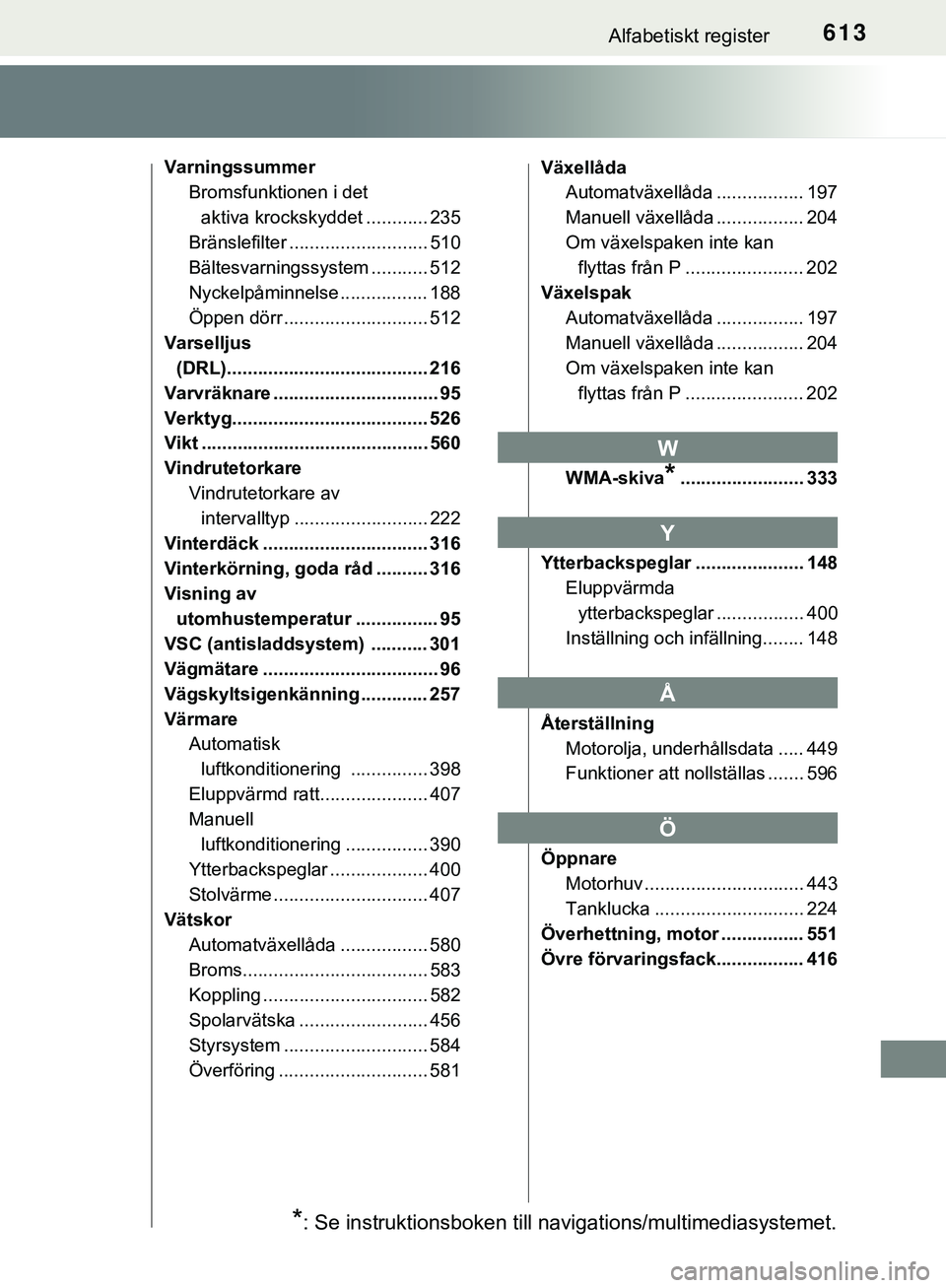 TOYOTA HILUX 2019 Bruksanvisningar (in Swedish) 613Alfabetiskt register
HILUX_OM_OM0K375SE
VarningssummerBromsfunktionen i det
aktiva krockskyddet ............ 235
Bränslefilter ........................... 510
Bältesvarningssystem ........... 51 TOYOTA HILUX 2019 Bruksanvisningar (in Swedish) 613Alfabetiskt register
HILUX_OM_OM0K375SE
VarningssummerBromsfunktionen i det
aktiva krockskyddet ............ 235
Bränslefilter ........................... 510
Bältesvarningssystem ........... 51