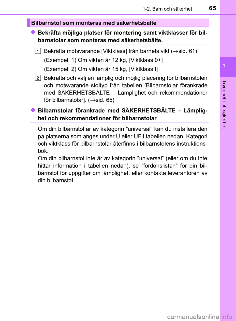 TOYOTA HILUX 2019 Bruksanvisningar (in Swedish) 651-2. Barn och säkerhet
1
HILUX_OM_OM0K375SE
Trygghet och säkerhet
uBekräfta möjliga platser för montering samt viktklasser för bil-
barnstolar som monteras med säkerhetsbälte.
Bekräfta mots TOYOTA HILUX 2019 Bruksanvisningar (in Swedish) 651-2. Barn och säkerhet
1
HILUX_OM_OM0K375SE
Trygghet och säkerhet
uBekräfta möjliga platser för montering samt viktklasser för bil-
barnstolar som monteras med säkerhetsbälte.
Bekräfta mots