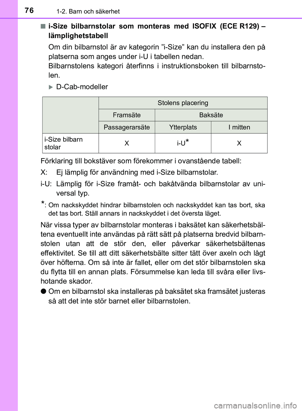 TOYOTA HILUX 2019  Bruksanvisningar (in Swedish) 761-2. Barn och säkerhet
HILUX_OM_OM0K375SEn
i-Size bilbarnstolar som monteras med ISOFIX (ECE R129) –
lämplighetstabell
Om din bilbarnstol är av kategorin ”i-Size” kan du installera den på
