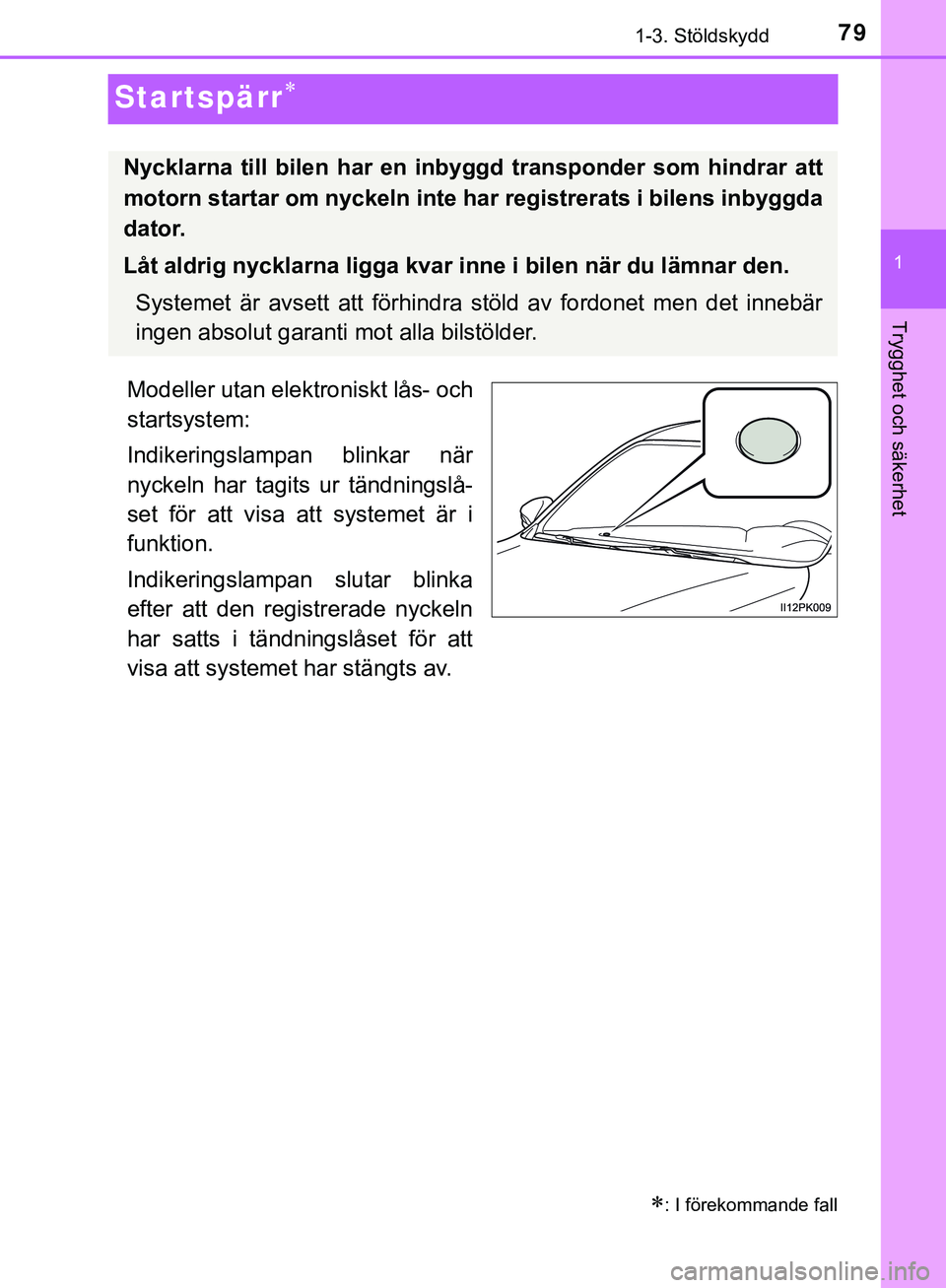 TOYOTA HILUX 2019  Bruksanvisningar (in Swedish) 79
1
1-3. Stöldskydd
HILUX_OM_OM0K375SE
Trygghet och säkerhet
Startspärr
Modeller utan elektroniskt lås- och
startsystem:
Indikeringslampan blinkar när
nyckeln har tagits ur tändningslå-
set