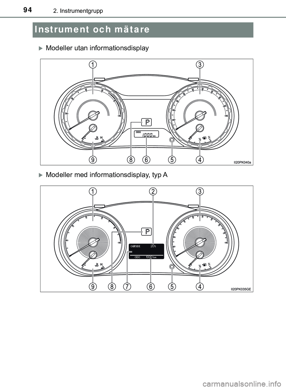 TOYOTA HILUX 2019 Bruksanvisningar (in Swedish) 942. Instrumentgrupp
HILUX_OM_OM0K375SE
Instrument och mätare
Modeller utan informationsdisplay
Modeller med informationsdisplay, typ A
HILUX_OM_OM0K375SE.book Page 94 Monday, June 18, 2018 TOYOTA HILUX 2019 Bruksanvisningar (in Swedish) 942. Instrumentgrupp
HILUX_OM_OM0K375SE
Instrument och mätare
Modeller utan informationsdisplay
Modeller med informationsdisplay, typ A
HILUX_OM_OM0K375SE.book Page 94 Monday, June 18, 2018