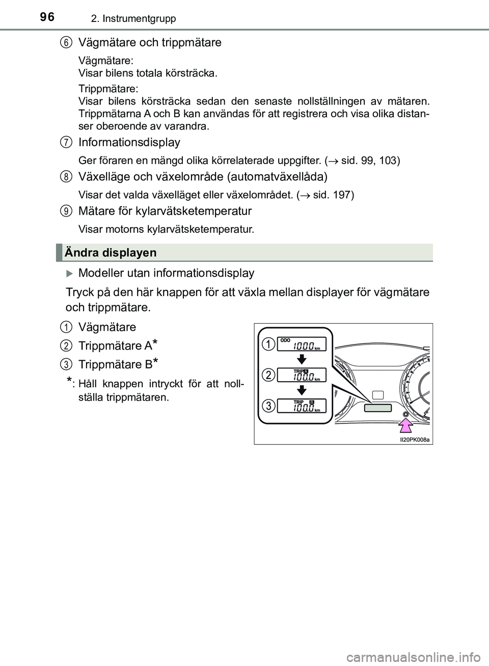 TOYOTA HILUX 2019 Bruksanvisningar (in Swedish) 962. Instrumentgrupp
HILUX_OM_OM0K375SE
Vägmätare och trippmätare
Vägmätare:
Visar bilens totala körsträcka.
Trippmätare:
Visar bilens körsträcka sedan den senaste nollställningen av mäta TOYOTA HILUX 2019 Bruksanvisningar (in Swedish) 962. Instrumentgrupp
HILUX_OM_OM0K375SE
Vägmätare och trippmätare
Vägmätare:
Visar bilens totala körsträcka.
Trippmätare:
Visar bilens körsträcka sedan den senaste nollställningen av mäta
