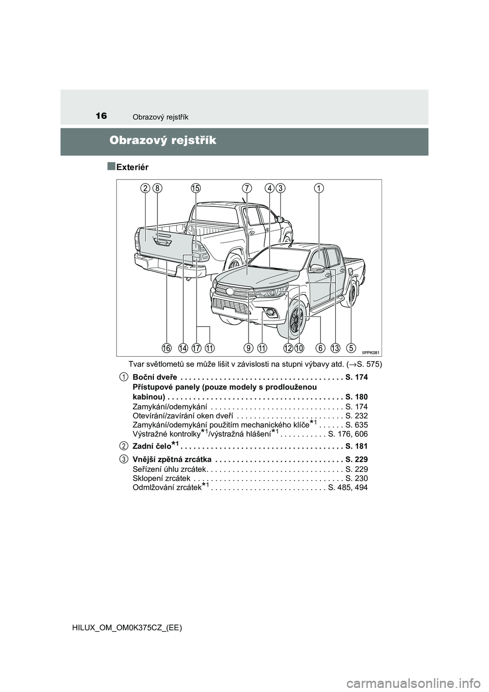 TOYOTA HILUX 2019  Návod na použití (in Czech) 16Obrazový rejstřík
HILUX_OM_OM0K375CZ_(EE)
Obrazový rejstřík
■
Exteriér
Tvar světlometů se může lišit v závislosti na stupni výbavy atd. (→S. 575)
Boční dveře  . . . . . . . . . 