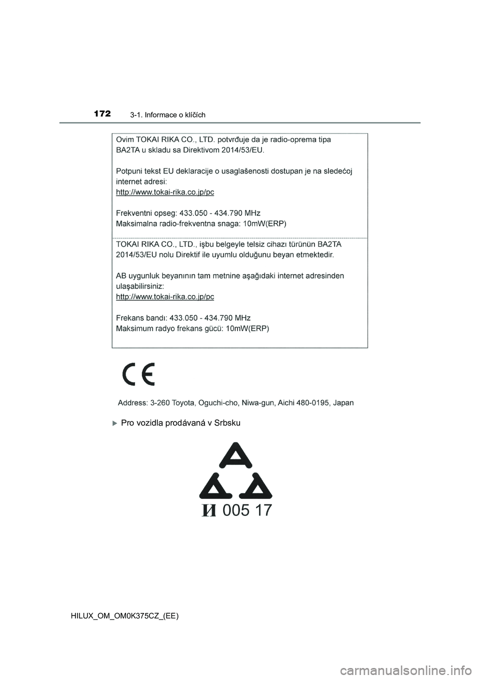 TOYOTA HILUX 2019  Návod na použití (in Czech) 1723-1. Informace o klíčích
HILUX_OM_OM0K375CZ_(EE)
Pro vozidla prodávaná v Srbsku 