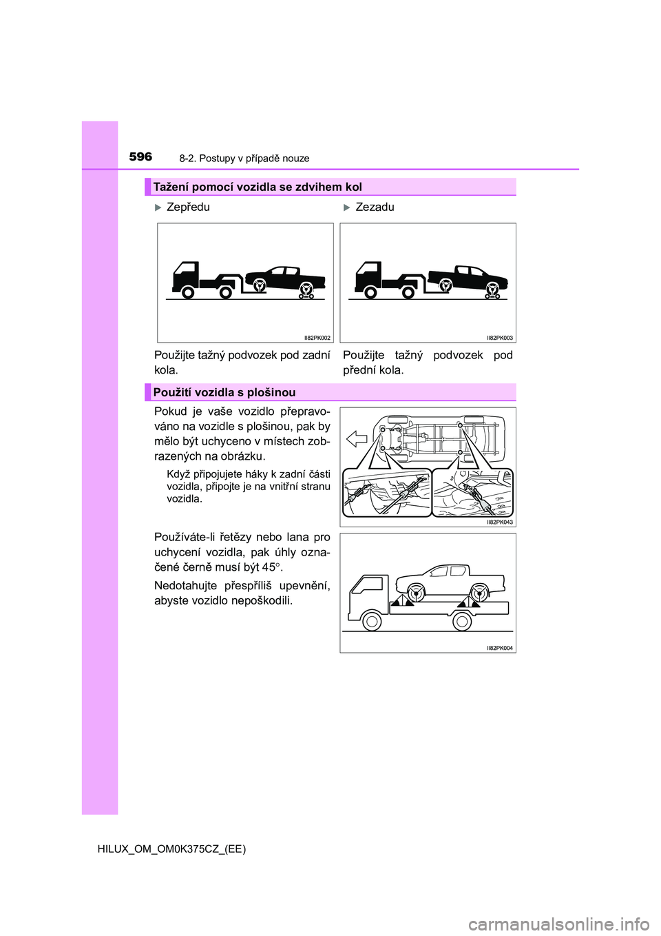 TOYOTA HILUX 2019  Návod na použití (in Czech) 5968-2. Postupy v případě nouze
HILUX_OM_OM0K375CZ_(EE)
Pokud  je  vaše  vozidlo  přepravo-
váno na vozidle s plošinou, pak by
mělo být uchyceno v místech zob-
razených na obrázku. 
Když 