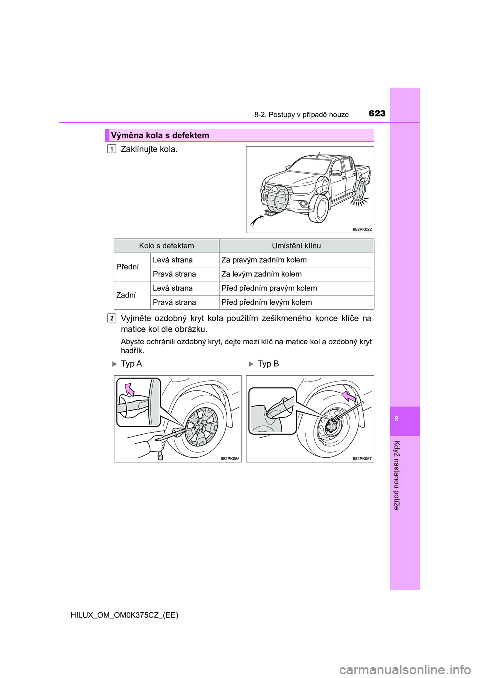 TOYOTA HILUX 2019  Návod na použití (in Czech) 6238-2. Postupy v případě nouze
HILUX_OM_OM0K375CZ_(EE)
8
Když nastanou potíže
Zaklínujte kola.
Vyjměte  ozdobný  kryt  kola  použitím  zešikmeného  konce  klíče  na
matice kol dle obr
