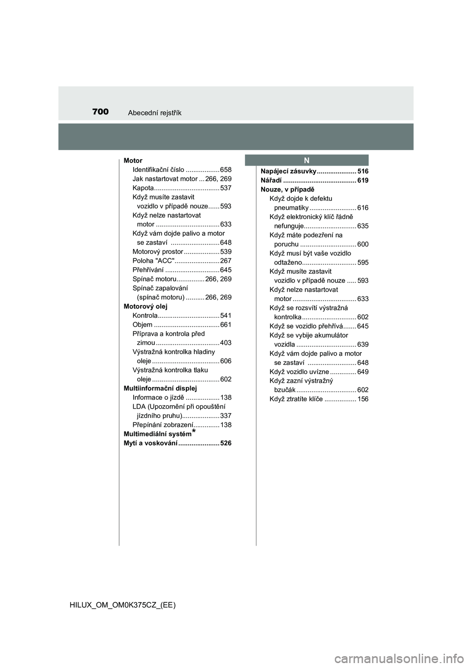 TOYOTA HILUX 2019 Návod na použití (in Czech) 700Abecední rejstřík
HILUX_OM_OM0K375CZ_(EE)
Motor
Identifikační číslo .................. 658
Jak nastartovat motor ... 266, 269
Kapota................................... 537
Když musíte zast TOYOTA HILUX 2019 Návod na použití (in Czech) 700Abecední rejstřík
HILUX_OM_OM0K375CZ_(EE)
Motor
Identifikační číslo .................. 658
Jak nastartovat motor ... 266, 269
Kapota................................... 537
Když musíte zast
