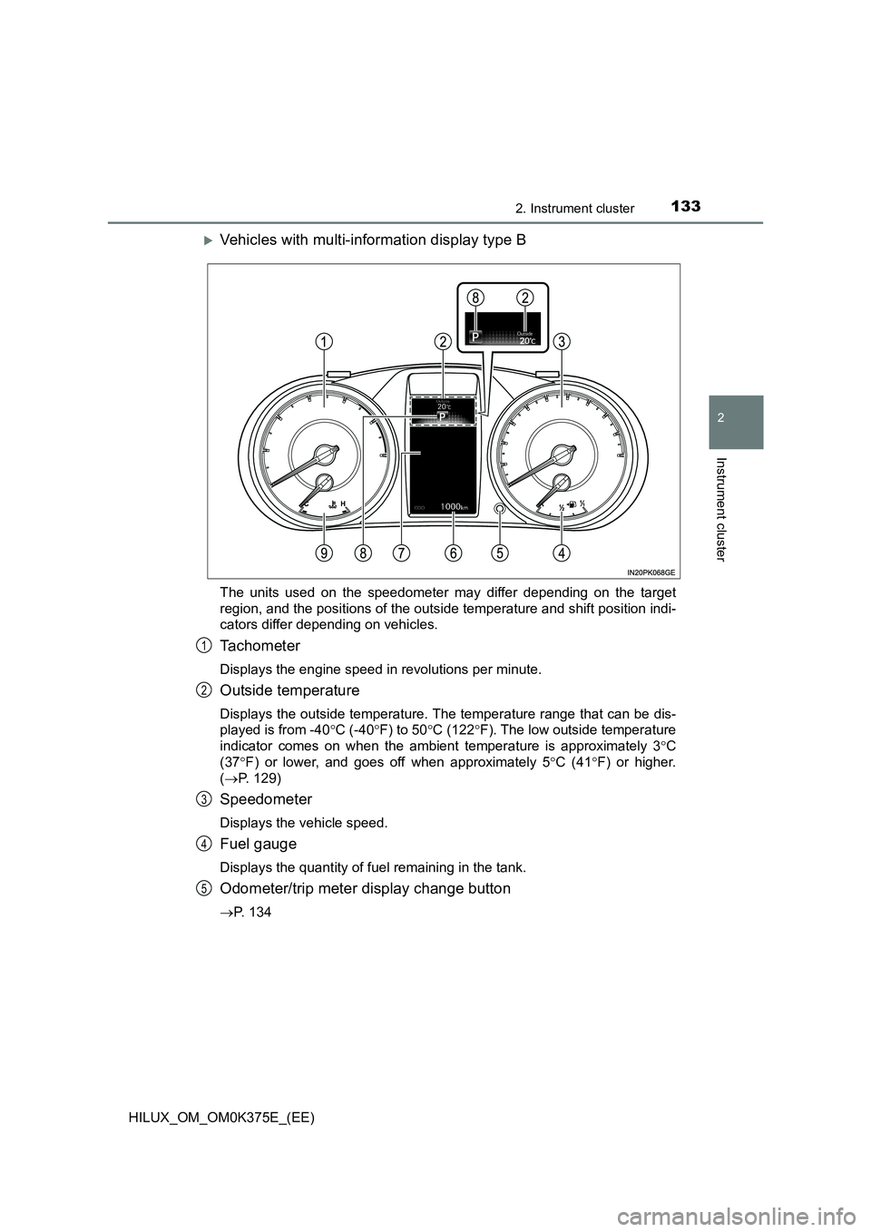 TOYOTA HILUX 2018 Owners Manual 1332. Instrument cluster
2
Instrument cluster
HILUX_OM_OM0K375E_(EE)
Vehicles with multi-information display type B
The units used on the speedometer may differ depending on the target
region, and TOYOTA HILUX 2018 Owners Manual 1332. Instrument cluster
2
Instrument cluster
HILUX_OM_OM0K375E_(EE)
Vehicles with multi-information display type B
The units used on the speedometer may differ depending on the target
region, and