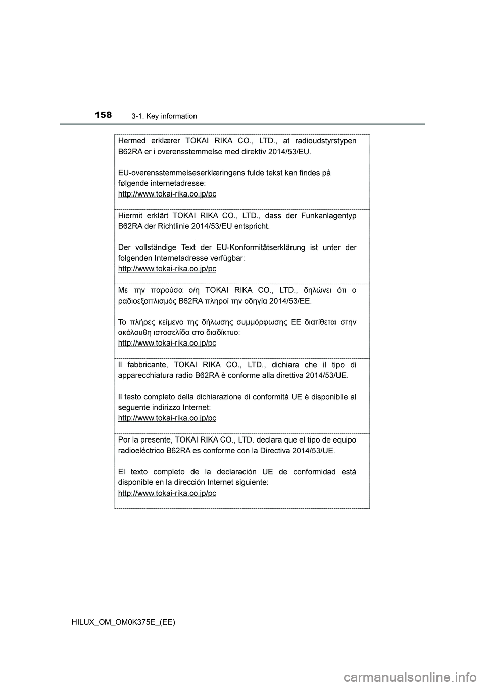TOYOTA HILUX 2018  Owners Manual 1583-1. Key information
HILUX_OM_OM0K375E_(EE) 
