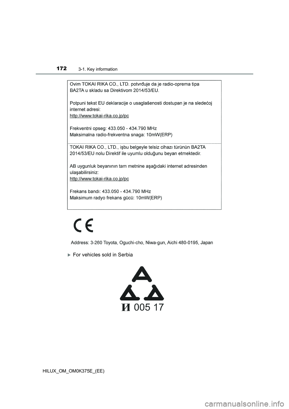 TOYOTA HILUX 2018 Owners Manual 1723-1. Key information
HILUX_OM_OM0K375E_(EE)
For vehicles sold in Serbia TOYOTA HILUX 2018 Owners Manual 1723-1. Key information
HILUX_OM_OM0K375E_(EE)
For vehicles sold in Serbia