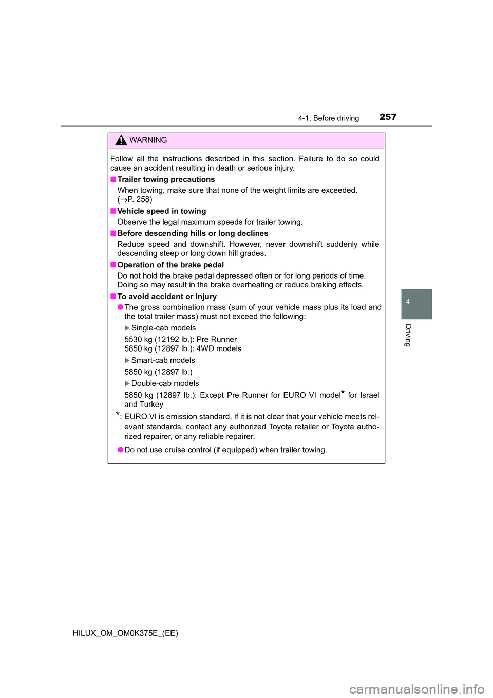 TOYOTA HILUX 2018  Owners Manual 2574-1. Before driving
4
Driving
HILUX_OM_OM0K375E_(EE)
WARNING
Follow all the instructions described in this section. Failure to do so could 
cause an accident resulting in death or serious injury. 
