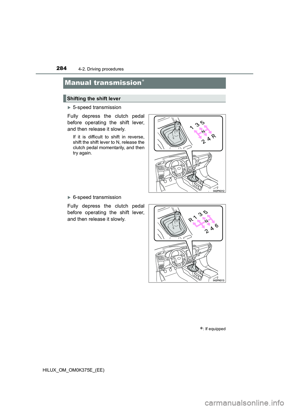 TOYOTA HILUX 2018  Owners Manual 2844-2. Driving procedures
HILUX_OM_OM0K375E_(EE)
Manual transmission
5-speed transmission 
Fully depress the clutch pedal 
before operating the shift lever, 
and then release it slowly.
If it i