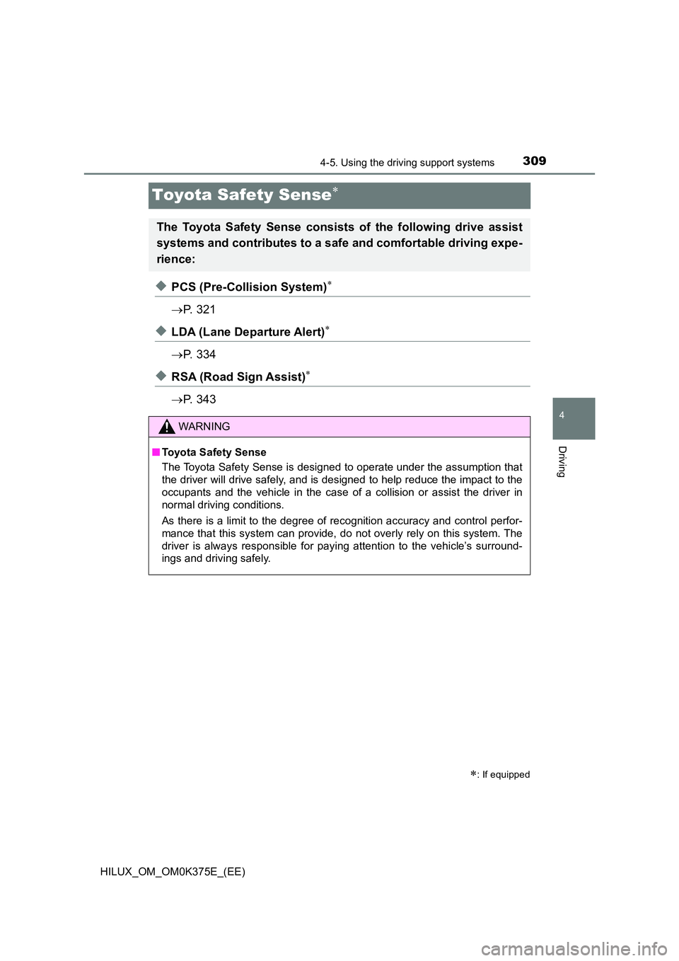 TOYOTA HILUX 2018 Owners Manual 309
4
4-5. Using the driving support systems
Driving
HILUX_OM_OM0K375E_(EE)
Toyota Safety Sense
◆PCS (Pre-Collision System)
P. 3 2 1
◆LDA (Lane Departure Alert)
P. 3 3 4
◆RSA (R TOYOTA HILUX 2018 Owners Manual 309
4
4-5. Using the driving support systems
Driving
HILUX_OM_OM0K375E_(EE)
Toyota Safety Sense
◆PCS (Pre-Collision System)
P. 3 2 1
◆LDA (Lane Departure Alert)
P. 3 3 4
◆RSA (R