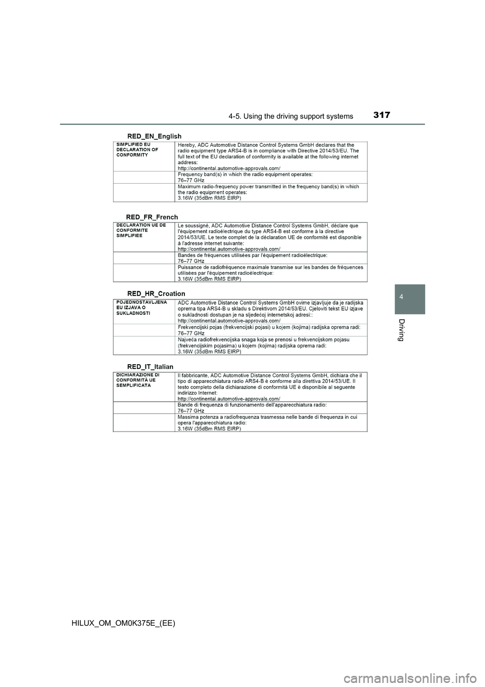 TOYOTA HILUX 2018  Owners Manual 3174-5. Using the driving support systems
4
Driving
HILUX_OM_OM0K375E_(EE) 