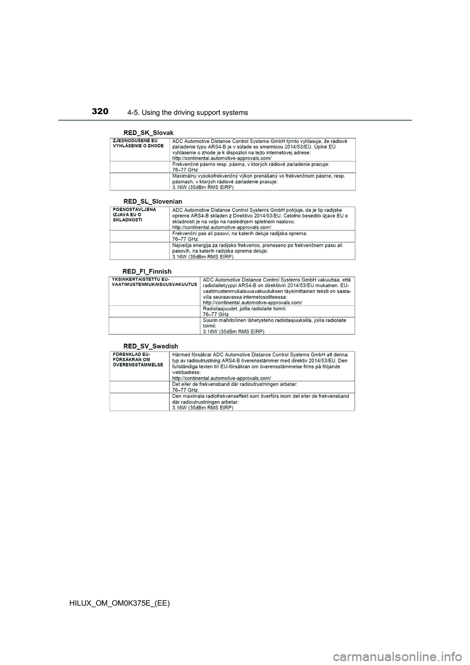 TOYOTA HILUX 2018  Owners Manual 3204-5. Using the driving support systems
HILUX_OM_OM0K375E_(EE) 