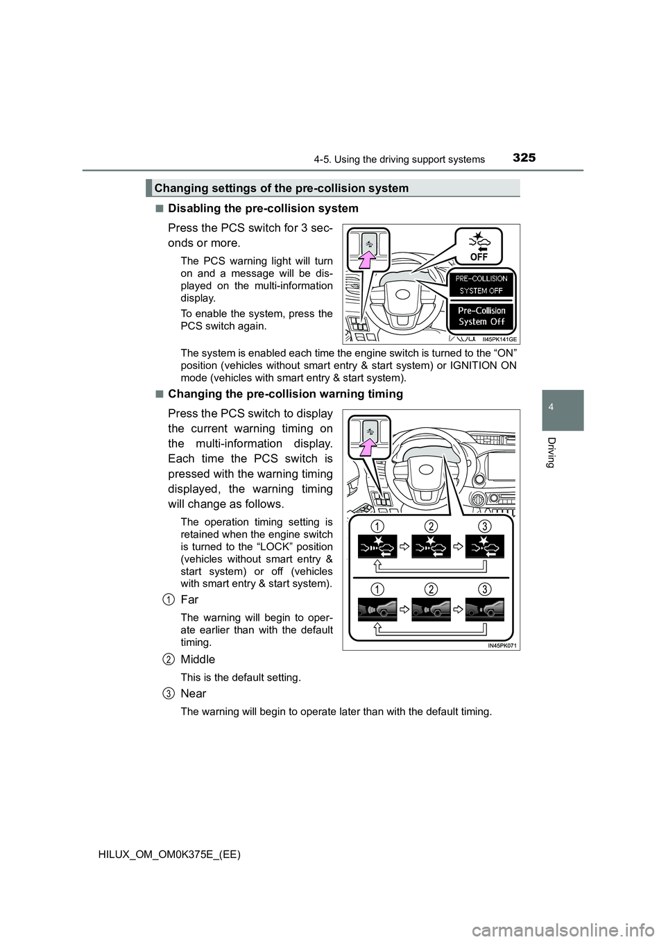 TOYOTA HILUX 2018 Owners Manual 3254-5. Using the driving support systems
4
Driving
HILUX_OM_OM0K375E_(EE)
■Disabling the pre-collision system
Press the PCS switch for 3 sec-
onds or more.
The PCS warning light will turn
on an TOYOTA HILUX 2018 Owners Manual 3254-5. Using the driving support systems
4
Driving
HILUX_OM_OM0K375E_(EE)
■Disabling the pre-collision system
Press the PCS switch for 3 sec-
onds or more.
The PCS warning light will turn
on an